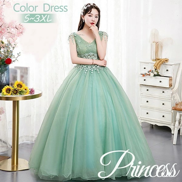 カラードレス 演奏会用ドレス プリンセスライン チュール ノースリーブ Vネック 二次会 ウエディングドレス 大きいサイズ ブライダル 発表会 大人 ピアノ 高校生の演奏会にお勧め コンサート ドレス