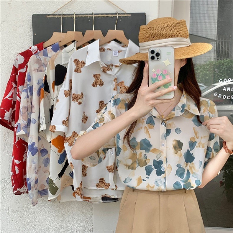 花柄シャツ レディース 半袖 薄手トップス スリム レトロシフォン レッドフラワー1014