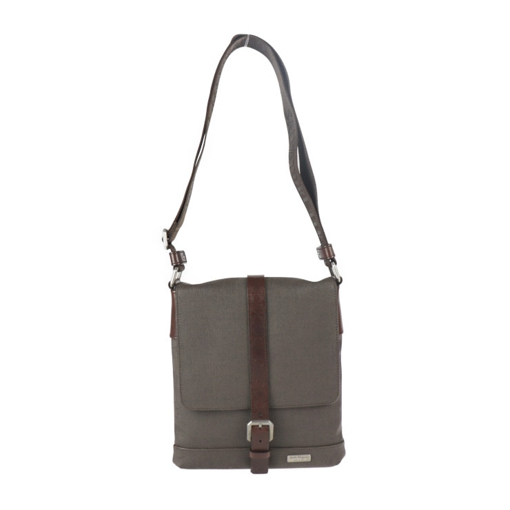 超美品 Salvatore Ferragamo サルヴァトーレ フェラガモ ショルダーバッグ 24 9335 ガンチーニ PVC レザー ブラウン系 シルバー金具 クロスボディバッグ 本物保証 中古
