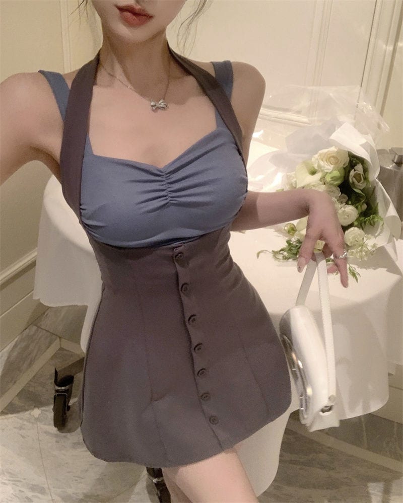 【期間限定特価】スウィートスパイスガール吊り首ウエスト痩身サスペンダースカート2024 韓国版バックストラップドレス無地スモールホルターエイジング2点セット 7,442円