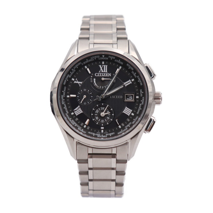 超美品 CITIZEN シチズン 腕時計 AT9110-58E EXCEED エクシード チタン シルバー 黒文字盤 エコドライブ ソーラー電波 H820-T023916 本物保証 中古