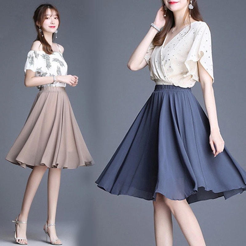 【超お得1つ買うと10個もらえる】急速出荷スカートレディース 春夏 きれいめ ミドル丈スカー無地フレアスカート シフォン Aラ