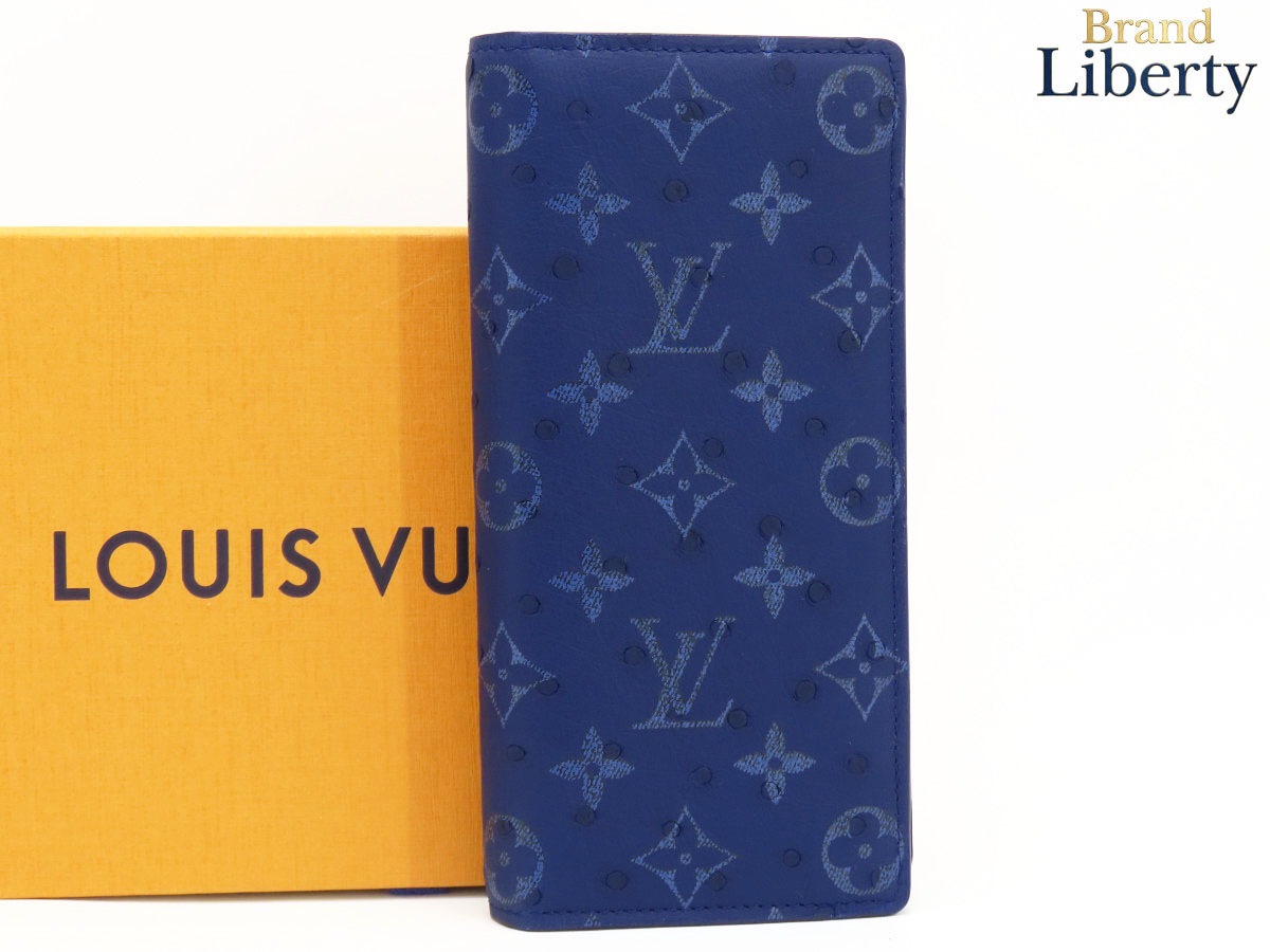 激レア新古品ルイヴィトンLOUISVUITTONオーストリッチモノグラムポルトフォイユブラザ二つ折り長財布エキゾチックブルーオーストリッチレザー