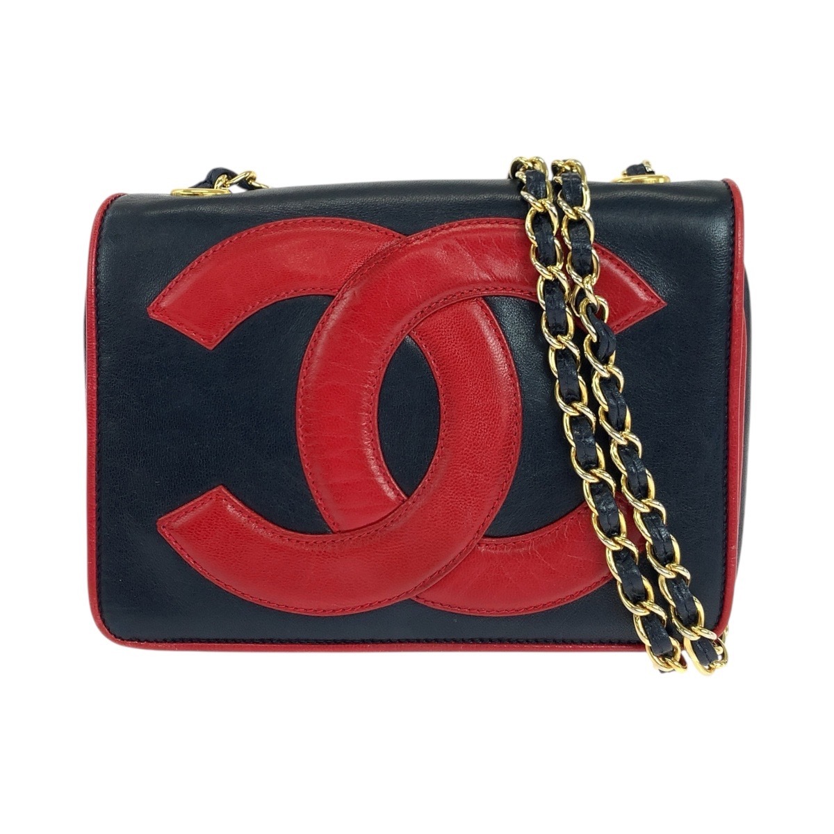 美品 ヴィンテージ デカココマーク ネイビー レッド ゴールド金具 ラムスキン チェーンショルダーバッグ ポシェット レディース 503565 136,000円