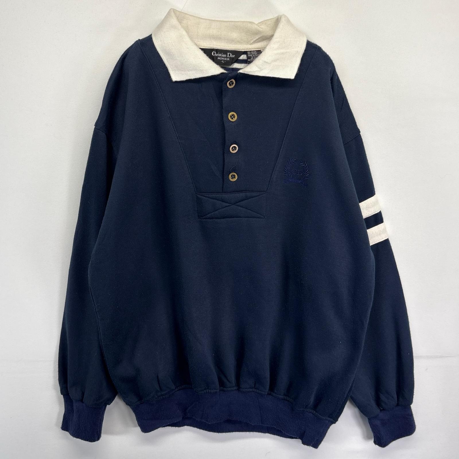 古着 90s/90年代 クリスチャンディオール Christian Dior スウェット オールド ハーフボタン トレーナー ワンポイント L ネイビー メンズ