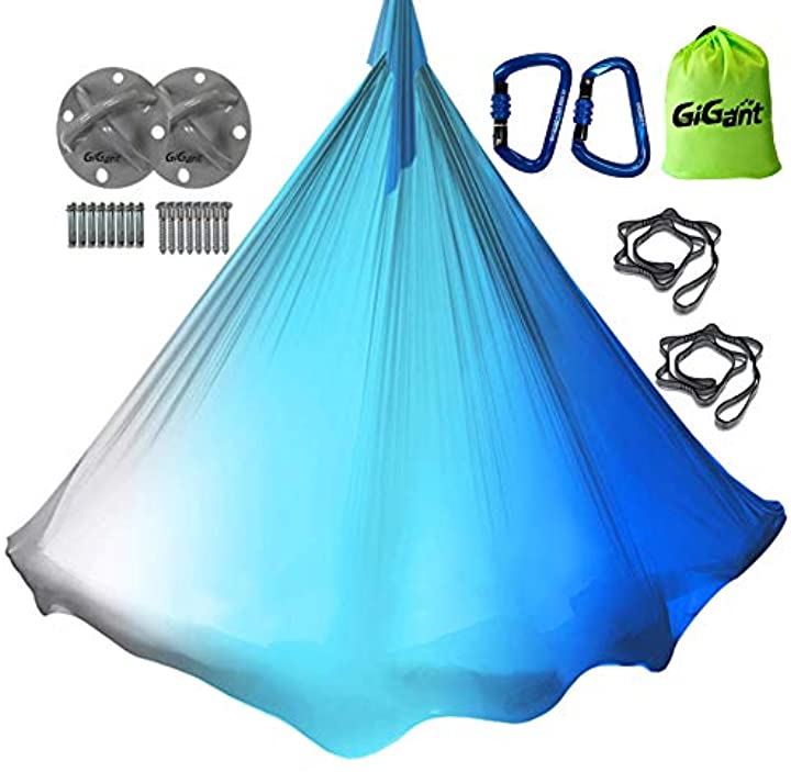 グラデーション エアリアルヨガ ハンモック フルセット 5ｍx2.8ｍ 空中 ヨガハンモック エクササイズ エアロヨガ フィットネス( オーシャンブルー)