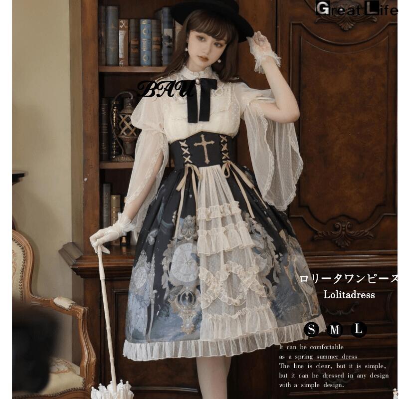 ロリータ ロリィタ ワンピース 十字架 柄物 ロリータファッション ロリィタファッション 半袖 クラシカル ゴシック 大人 ふわふわ レース レディース ハロウイ