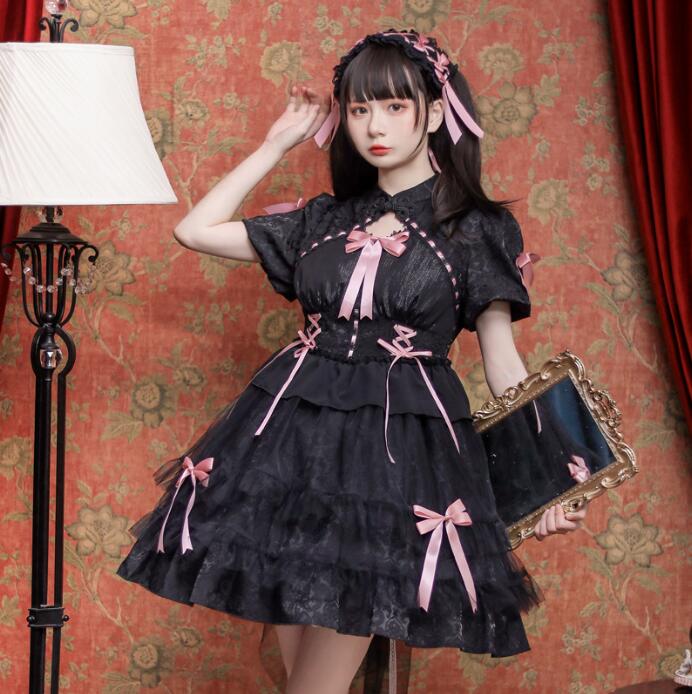 半袖 ロリータ ワンピース ゴスロリ＆ロリータ ドレス 膝丈 裾フリル チャイナカラー 鎖骨に穴開け ボリューム 可愛い lolita ワンピース 後ろに大きいリボン 姫様 コスチューム 甘ロリ 中華