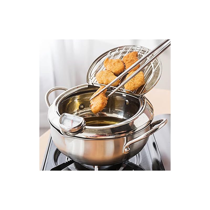 天ぷら鍋 揚げ鍋 天ぷら鍋24cm ガード枠 バッド蓋付 温度計付 揚げ鍋 304ステンレス鋼製 家庭用揚げ物 鍋 IHガス火対応 (24cm(304鋼))