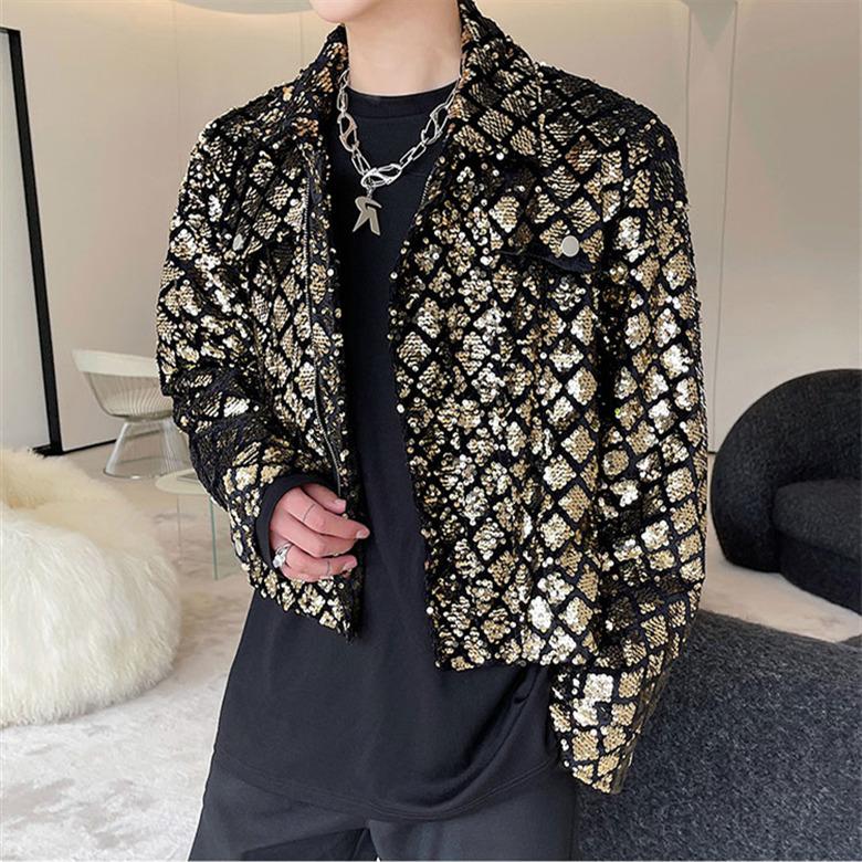 ジャケット メンズ コート カジュアル アウター ダンスウェア オーバーサイズ スパンコール ヒップホップ ブルゾン ライブ パーティー 発表会 男子トップス