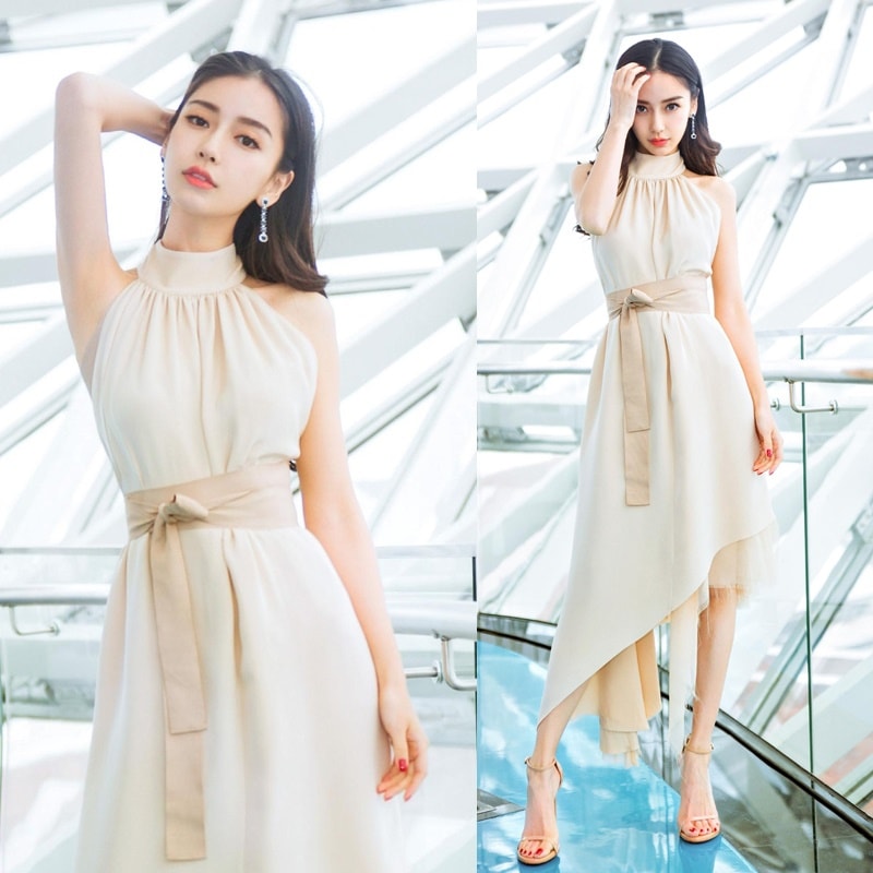 ハイネック アシンメトリー ミディアムドレス 上品 ノースリーブ バイカラー ウエストタイ エレガント 無地 シンプル レディース ２０１８年新作 定番 人気 およばれ 結婚式 二次会 演奏会 観劇 8,067円