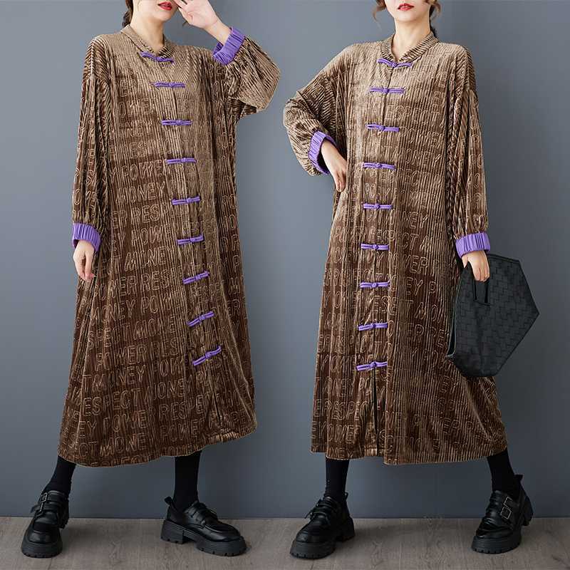 ロングワンピース 柄ワンピース ドッキング 「ファットガール」 体型カバー 大きいサイズ メガ割 レディース 中華風 2025秋