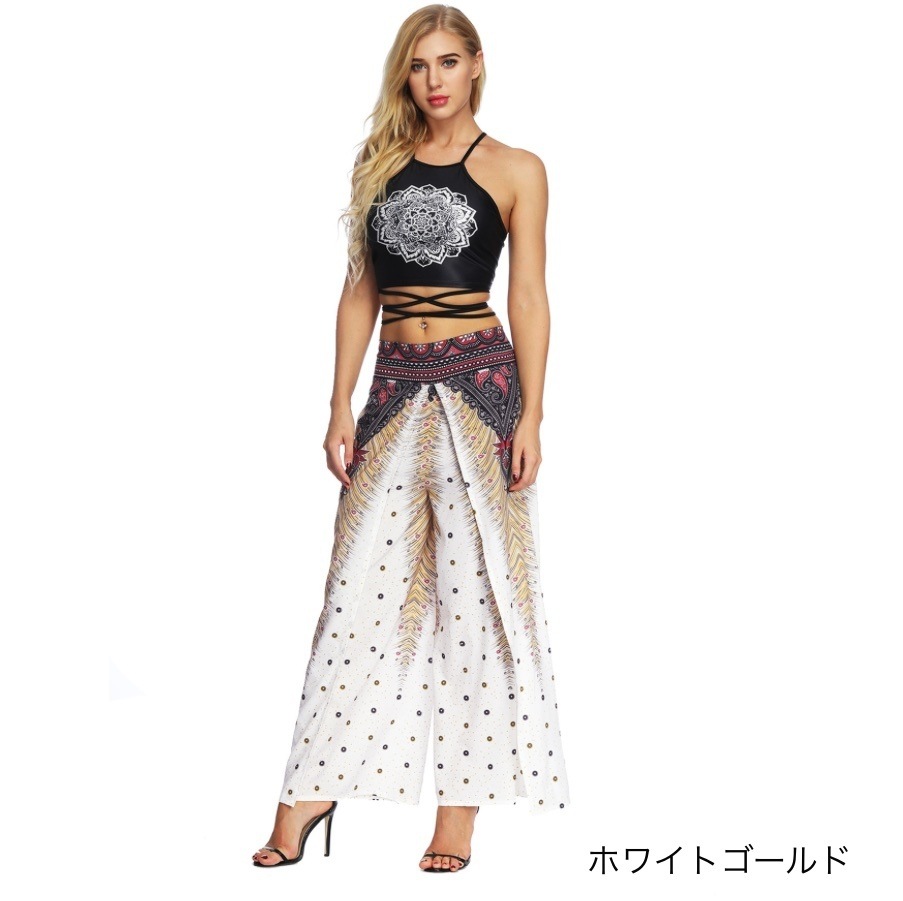 ワイドパンツ スカンツ エスニックロングパンツ ワイドフレア アジアン 韓国 レディース オルチャン黒 ブラック 白 ホワイト 大人っぽい インド エスニック エクゾチッケ リラックスパンツ 5,064円