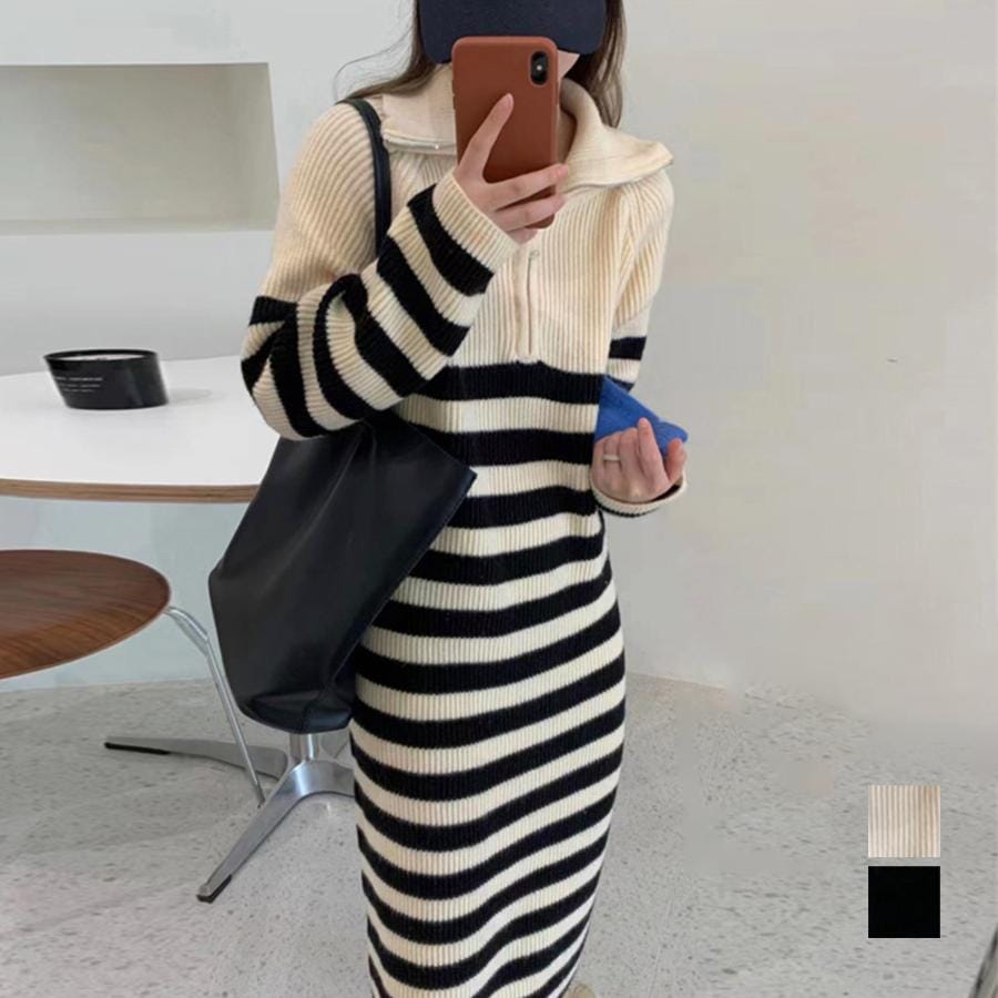 ポロカラー冬 ニットワンピース ボーダー 5,943円