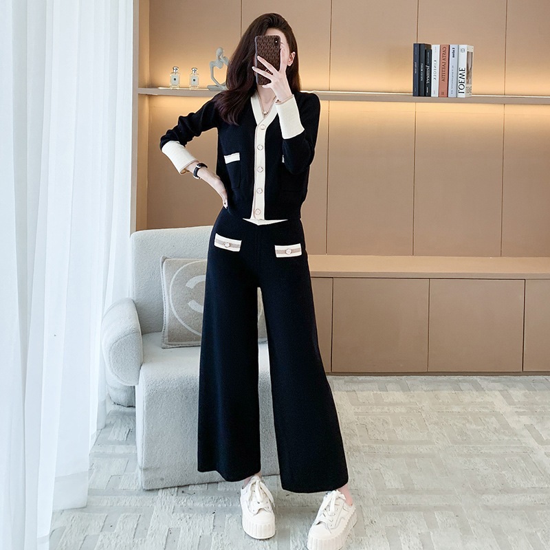 ニットセットアップ秋冬新作小香風ニットカーディガンワイドパンツ2点セット女性カーディガンセーター