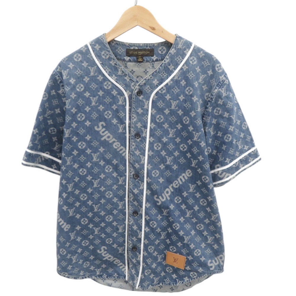 美品 LV Jacquard Denim Baseball Jersey デニムベースボール半袖シャツ シュプリームコラボ 半袖シャツ コットンデニム/レザー/コットンデニム デニムブルー LV