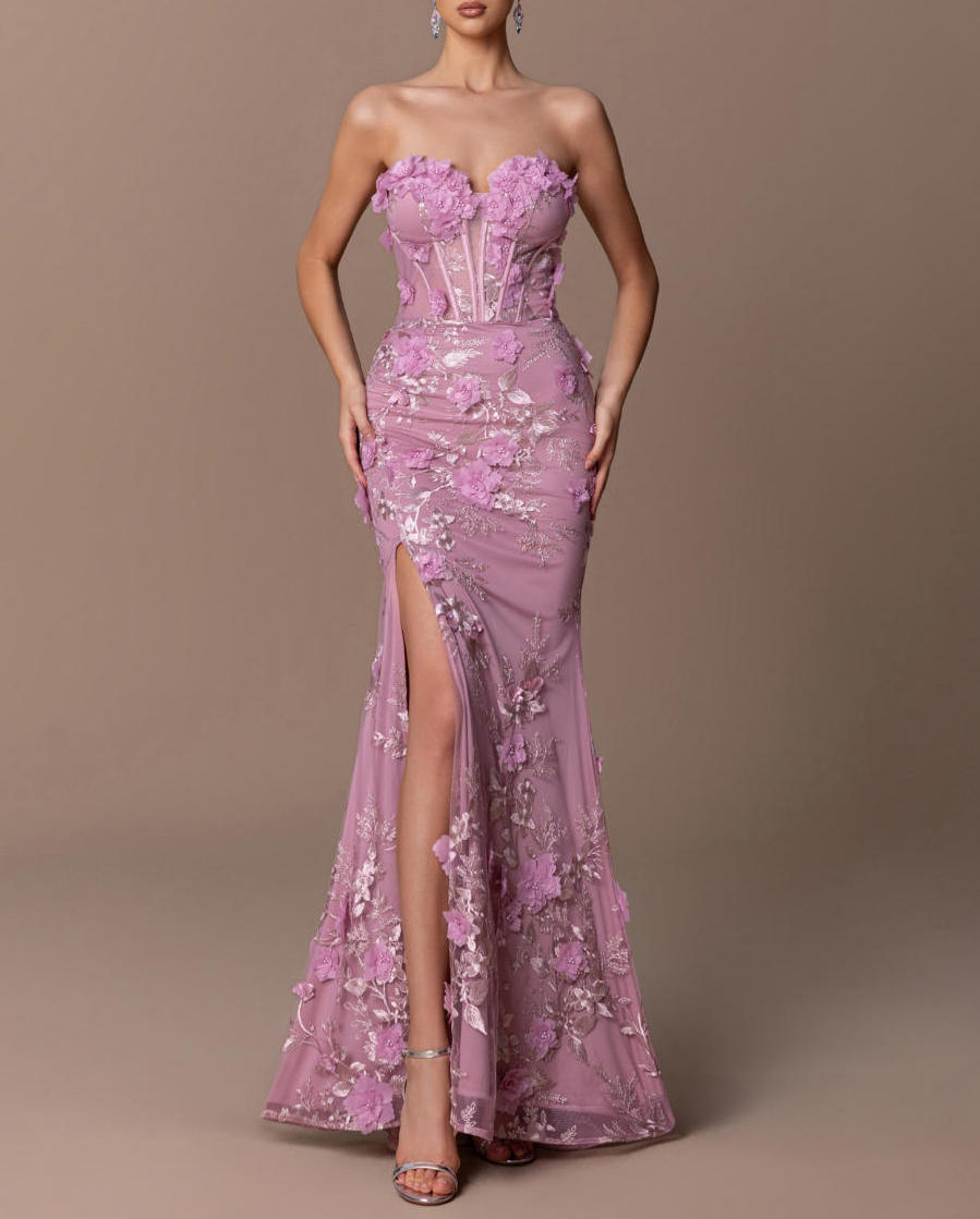 ウエディング·パーティー·ドレスエレガントなストラップレスのイブニングドレス3Dフラワーアプリケ刺繍飾りのフィットしたボディマーメイドシルエット結婚式プロム高級ディナーパーティー