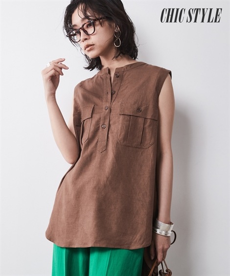 シャツブラウス 大きいサイズ レーヨン麻アウトポケットノースリーブシャツ シックスタイル