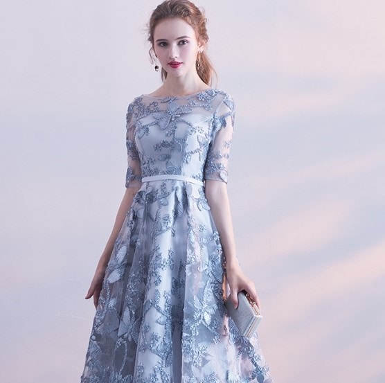 1914.花柄シースルードレスワンピース（ブルーグレー）2019 春夏 sale ドレス Aライン Uネック ミディアム 半袖 ミモレ丈 レース エレガント お呼ばれ パーティー 結婚式 披露宴 女子