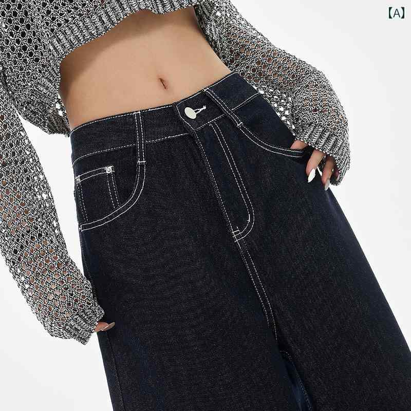 レディース デニムパンツ ワイド ロング ストリート KPOP ダンス トレーニング 初秋 アメリカン レトロ デニムブルー ストレート ジーンズ カジュアル