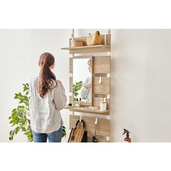 ハンガーラック つっぱり ミラー おしゃれ 間仕切り 北欧モダン パーテーション 薄型 省スペース スリム 木製 木目柄 突っ張り 鏡 幅60cm