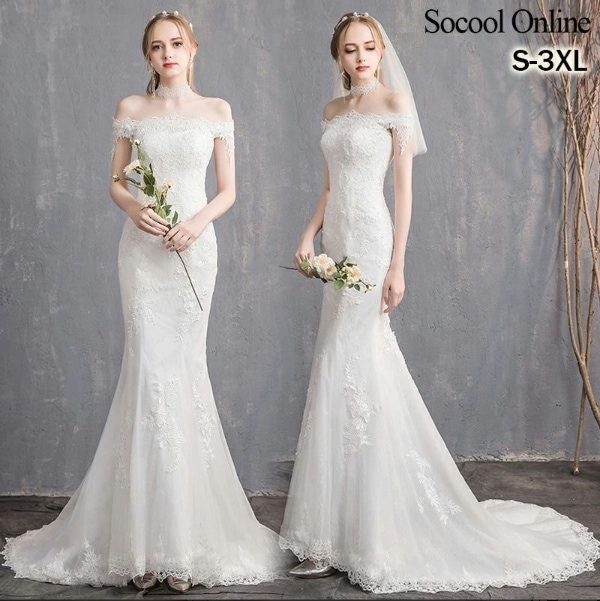 ウェディングドレス マーメイドライン ドレス オフショルダー 花嫁 結婚式 ウエディングドレス 編み上げタイプ レース 刺繍 トレーンドレ 大きいサイズ結婚式 ロングドレス 前撮り/後撮り