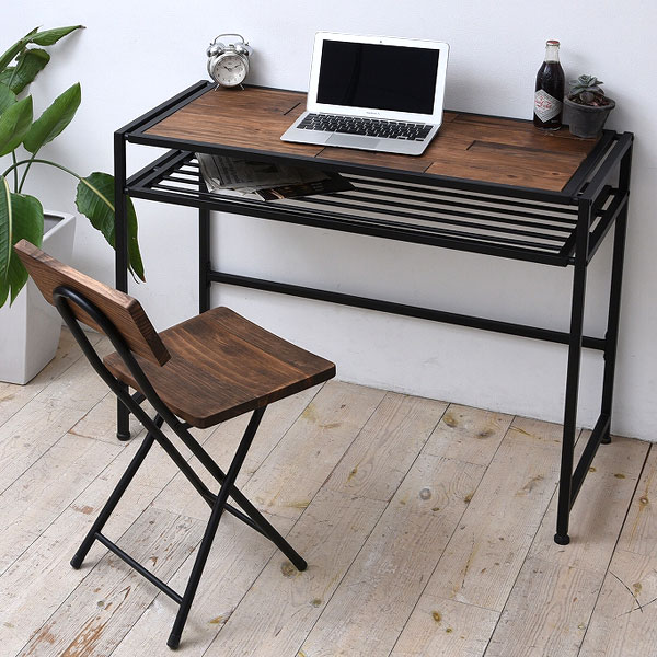 デスク パソコンデスク GRANT 天然木 スチールフレーム 幅100cm PCデスク 机 木製天板 収納スペース付 ハイデスク オイル仕上げ マガジンラック付 収納ラック付 アイアンフレーム