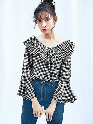 デザインチェックブラウス 人気　デート　女子会　インスタ　ギンガムチェック　0590t