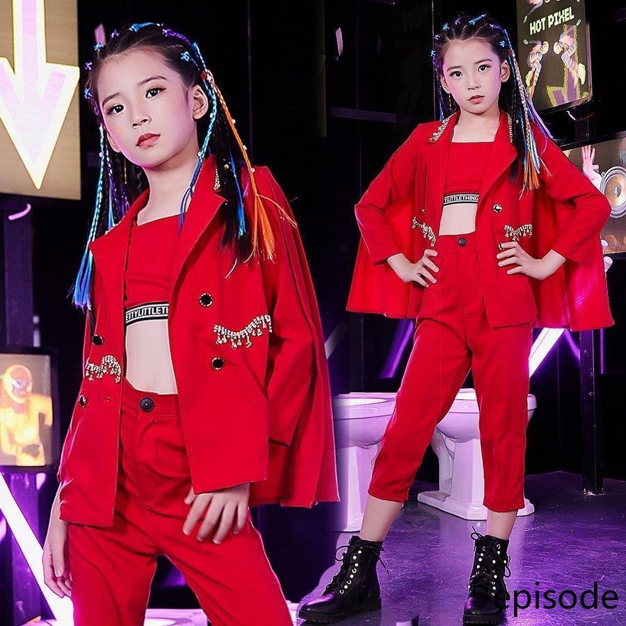 キッズダンス衣ヒップホップ子服女の子発表会セットアップジャズ韓国おしゃれフォーマルジャケットパンツチアセクシーギャル赤