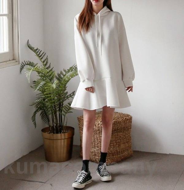 裏起毛 フード付き パーカー ワンピース レディース ミニ 膝丈 長袖 マーメイドワンピース 大きいサイズ 3L フリル フレア 白 黒 シンプル カジュアル 秋冬 春秋 大人可愛い 韓国 ファッショ
