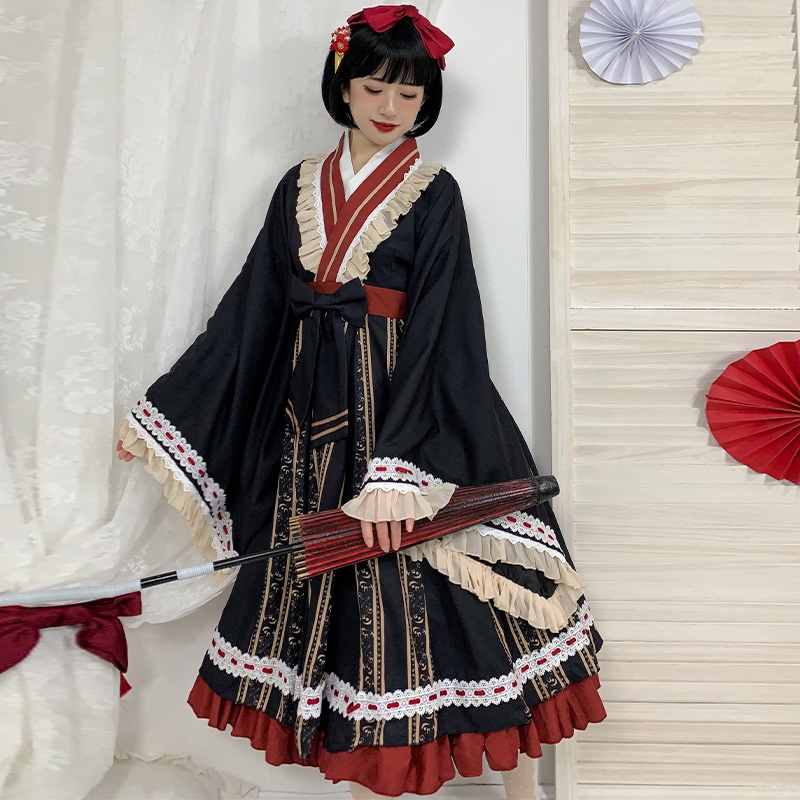 ロリータ ワンピース ジャンパースカート 長袖 レース サクラ　花柄　ミニ レトロ 着物 ドレス　和風 洋風 大正ロマン 袴 和装　仮装　コスプレ衣装　メイド　アニメ 12