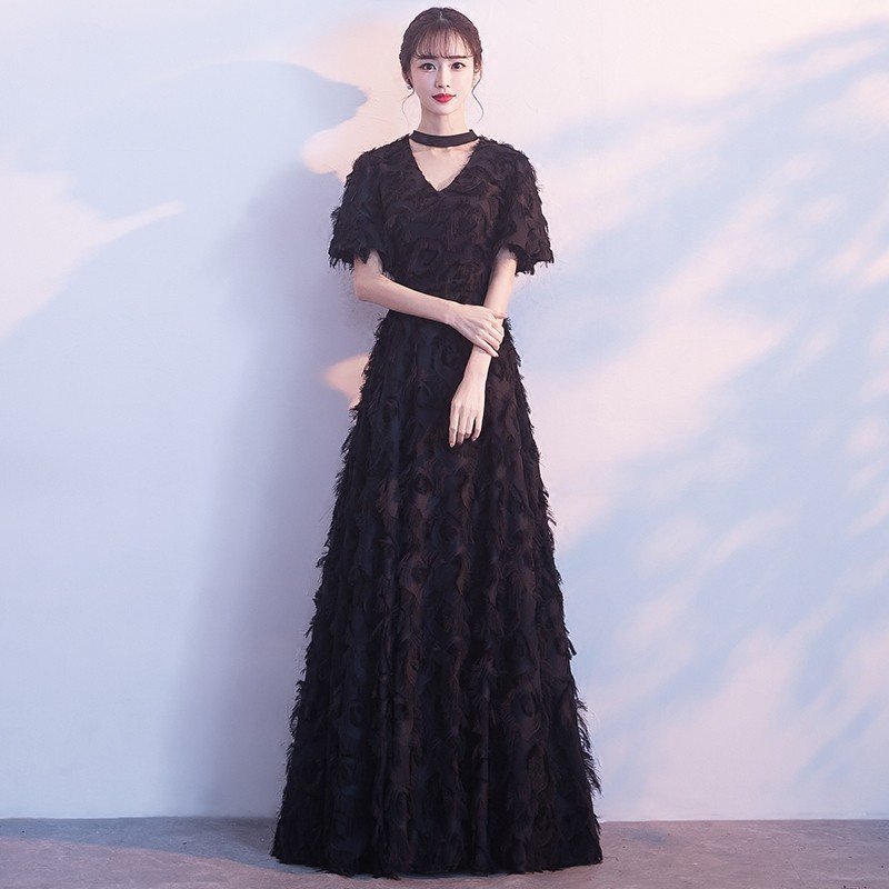 カラードレス 黒 演奏会 ロングドレス 二次会 安い パーティードレス 結婚式 フォーマルドレス 花 8,228円