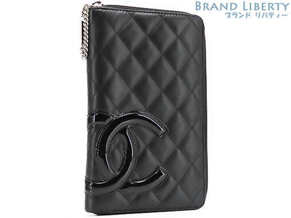 外美品シャネルカンボンラインココマークオーガナイザーラウンドファスナー長財布ブラックエナメルピンクカーフレザー