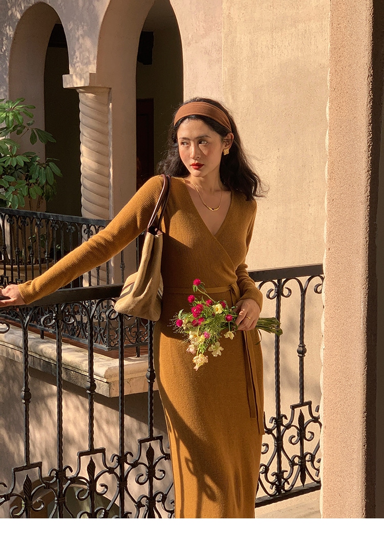 長袖 Vネック ワンピース タイワンピース 秋 冬 レディース フレンチ レトロ ニット ワンピ レッド イエロー ブラック S M L かわいい 大人可愛い きれいめ シンプル カジュアル 大人