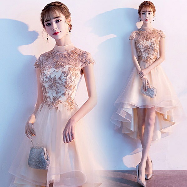 ドレス 大人 ピアノ 発表会 演奏会 結婚式 母親 ドレス ピアノ発表会 袖付きパーティードレス フィッシュテールドレス ブライズメイド シャンパン 韓国 小さいサイズ 大きいサイズ ファスナータイプ