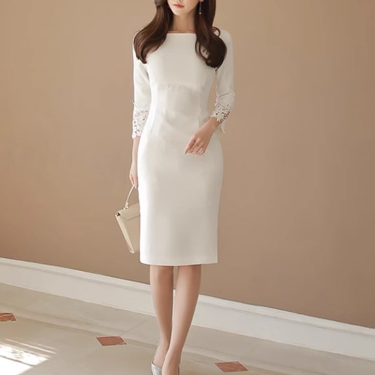 ドレス ワンピース ウェディング パーティー 結婚式 二次会 披露宴 演奏会 発表会 ステージ 膝下 ミモレ 7分袖 ラウンドネック 襟なし スレンダー タイト スリム 細身 Iライン スリット