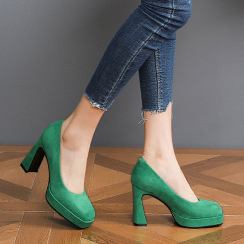 2000円OFFクーポン 3太めヒール 9センチ パンプス レディース プラットフォーム 厚底 ハイヒール スクエアトゥ 美脚 通気 防滑 気質アップ 小さいサイズ スエードパンプス 痛くない 歩きや