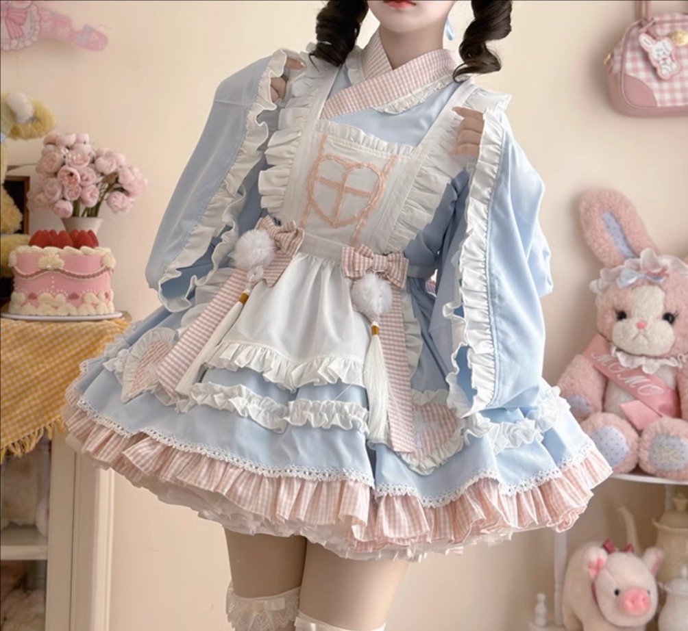 甘ロリ ロリータワンピース 上下セット 可愛いロリータ服 甘いロリータ 振袖 お姫様スカート プリンセスドレス メイド服 プリント柄 プリンセスライン コスチューム コスプレ衣装 文化祭 学