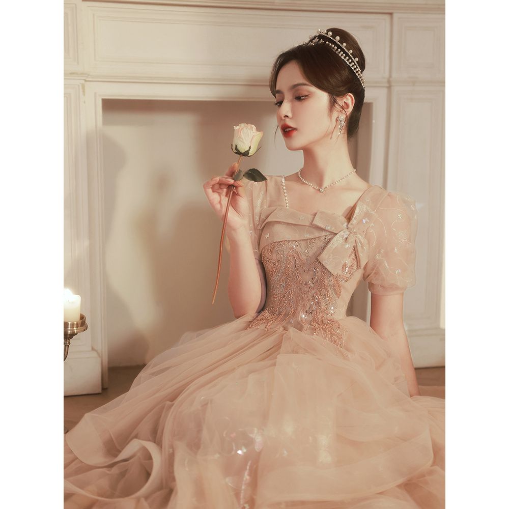 イブニング ドレス 女性 2024 宴会 気質 シャンパン スクエア カラー アート 検査 スカート 母の日