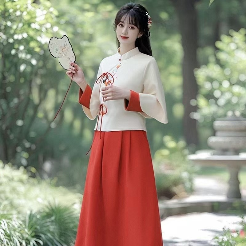 ワンピースドレスドレスHan Han Elementsed 2025秋と冬の新しいスタイルのレトロ刺繍タン衣類han 漢服ナショナルスタイルティー服