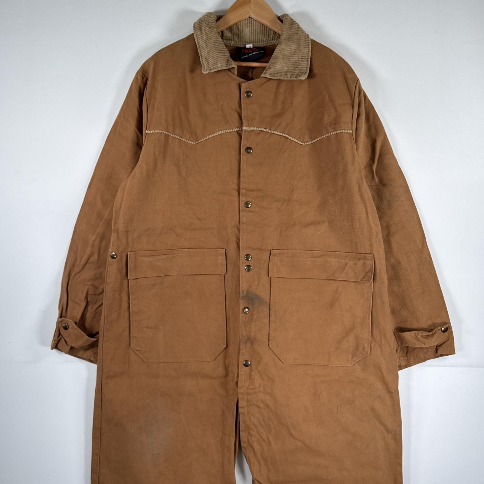 古着 80s/80年代 ヴィンテージ USA製 長袖つなぎ ダック地 ワーク 作業着 オールインワン 裾ボタン 大きいサイズ カバーオール L ベージュ メンズ