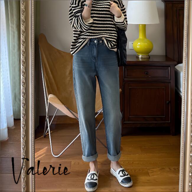 パンツ Valerie デニム ジーンズ レディース ストレートデニムパンツ ハイウエスト ワイド 30代 20代 40代 ゆったり 着痩せ おしゃれ デニムパンツ