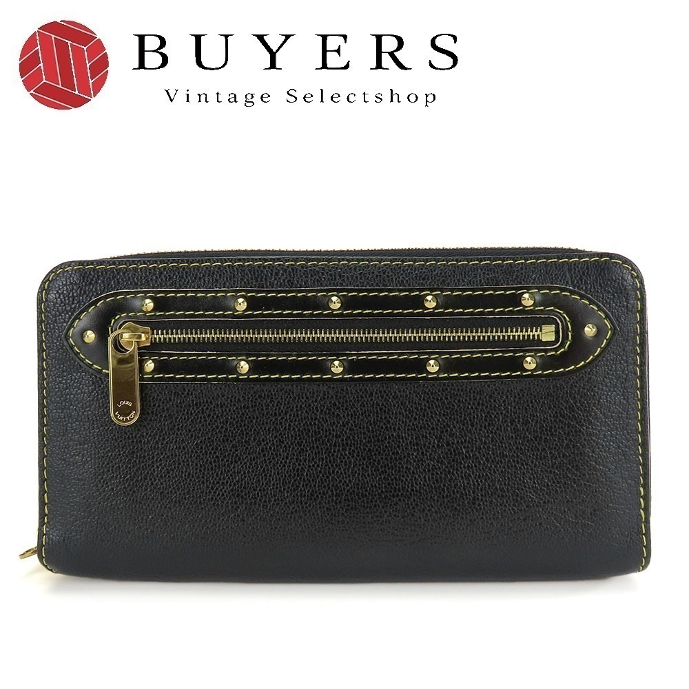 中古 長財布 ジッピーウォレット M93029 スハリ ラウンドファスナー レザー ブラック ゴールド金具 スタッズ レディース 女性