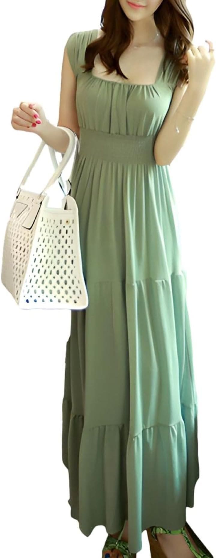 ティアードワンピース マキシ丈 裏地あり ウエストゴム ノースリーブ 無地 ロングワンピ JS81-GR-2XL( グリーン, 2XL)