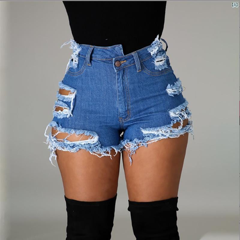 レディースファッション　かわいい　オシャレ　海外 ハイウエスト 穴 あき リブ デニムショートパンツ リップド