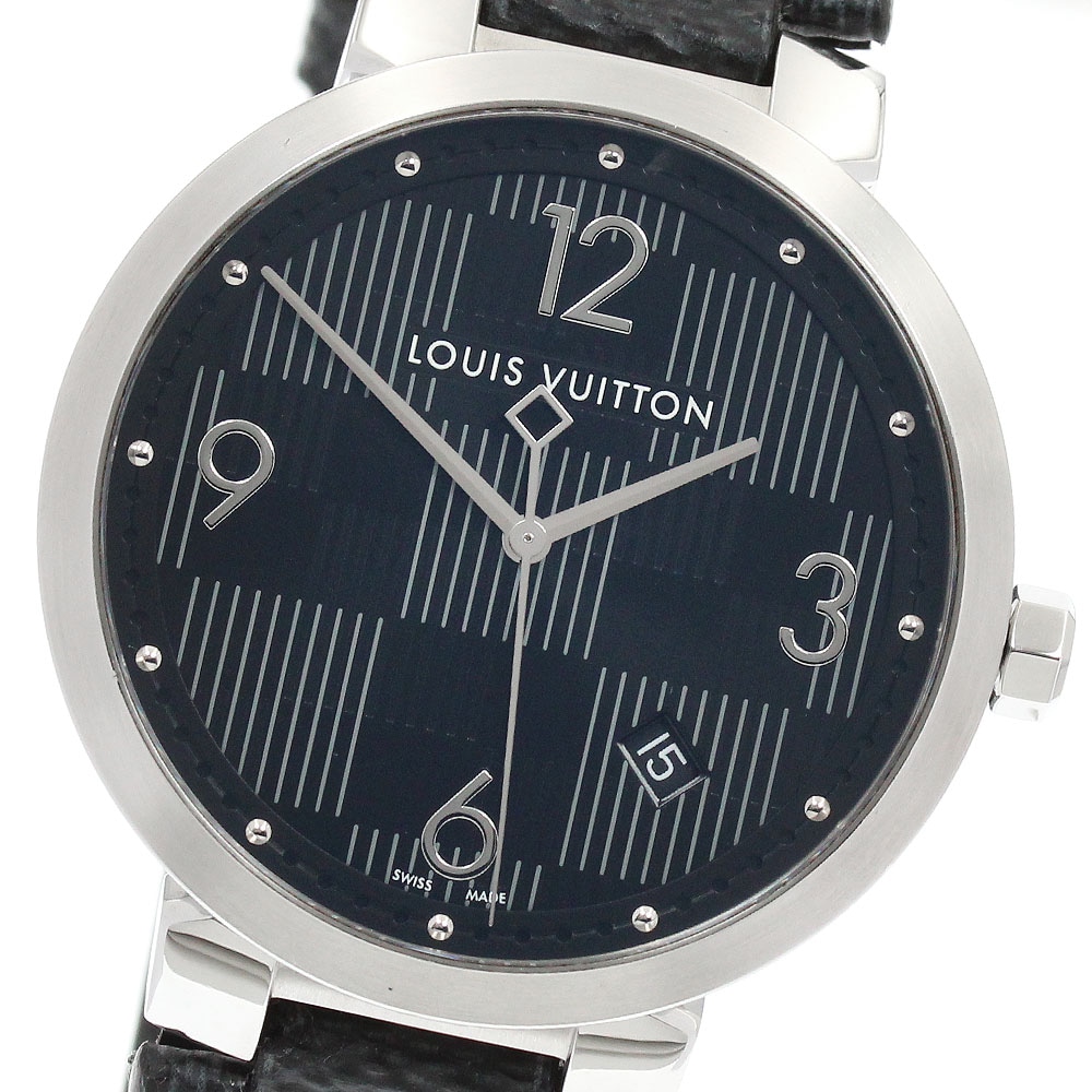 ルイ・ヴィトン LOUIS VUITTON Q1D07 タンブール スリム ダミエ グラフィット デイト クォーツ メンズ 良品 箱付き_956288【中古】