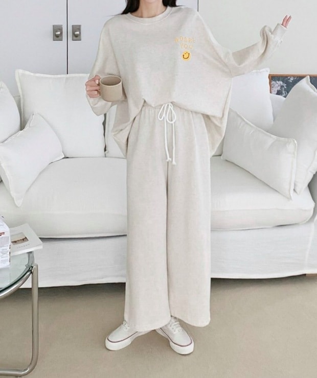 トップス ボトムス パンツ ルームウェア カットソー トレーナー 部屋着 ワイドパンツ バギーパンツ 9分丈 袖あり 長袖 ボリューム袖 ラウンドネック クルーネック 襟なし ワイド 綿 上下セット