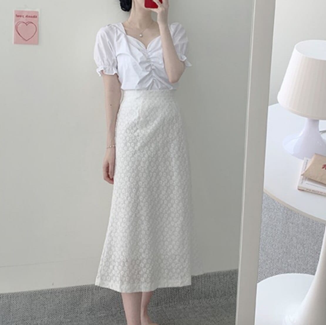 トップス スカート デート かわいい 大人可愛い きれいめ シンプル カジュアル 大人 上品 Vネック 半袖 パフスリーブ 花柄 刺繡 ロング丈 ギャザー フリル 夏 春 休日 オルチャン イエロー