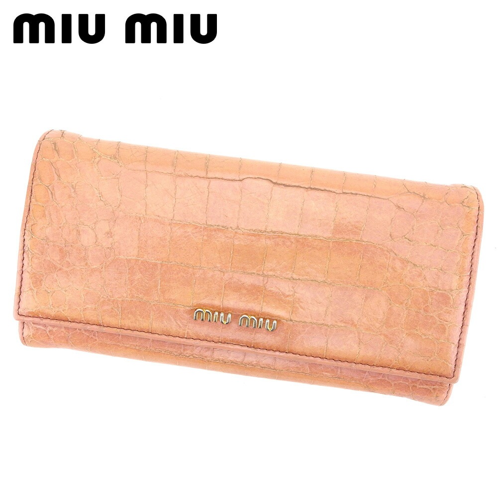 長財布 ファスナー付き 財布 クロコダイル調 ピンク ゴールド 中古