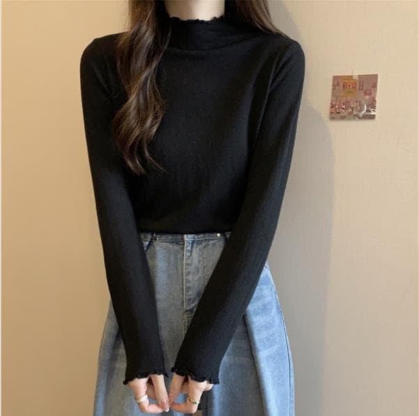 秋と冬の柔らかいグルチナス半分の襟の耳の汎用性と薄い基本的なセーターボトムセーター